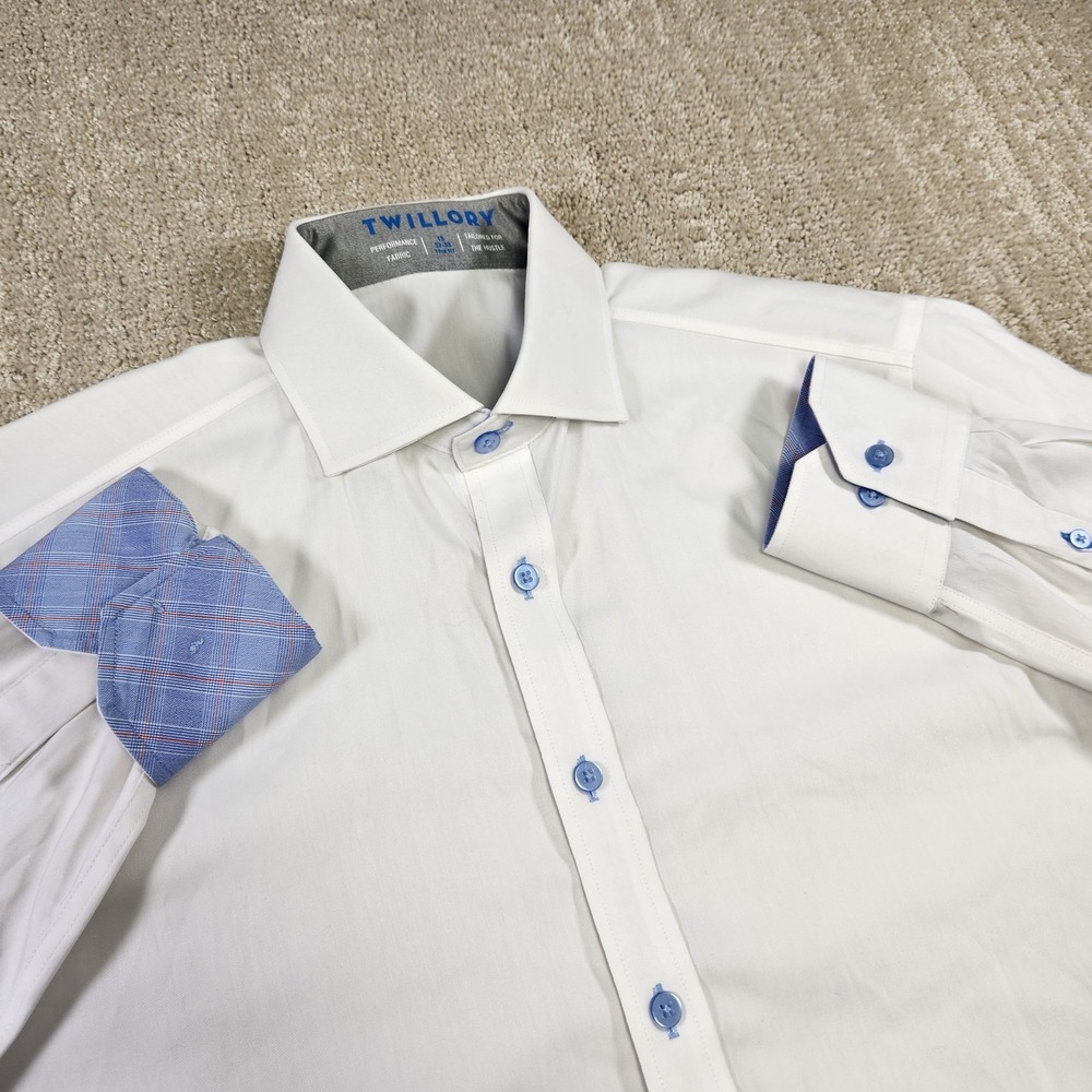 Twillory Shirt Men 15 Trim Fit White Plaid Flip Cuff Performance Coolmax Button